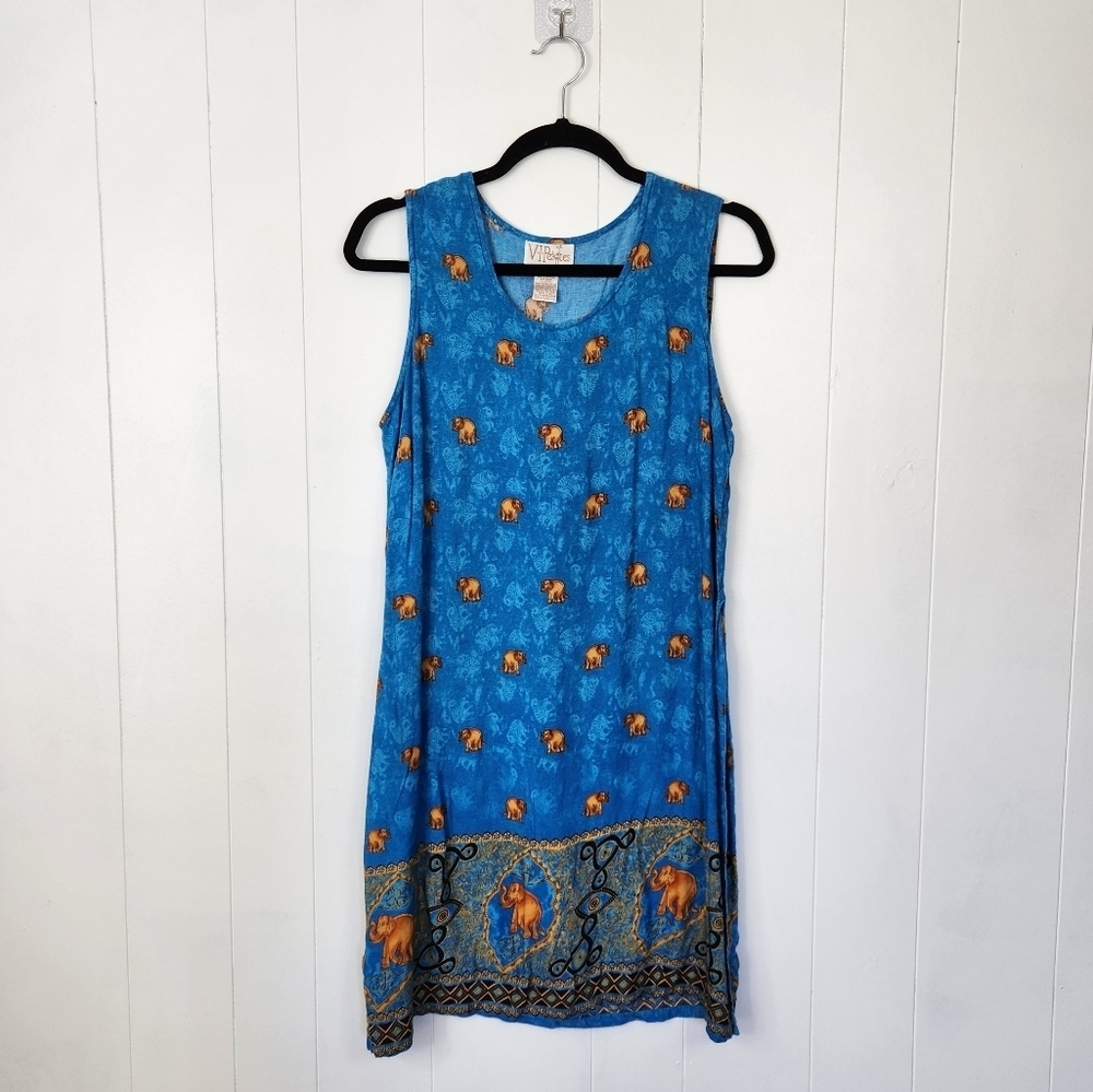 Vintage 90s Summer Midi Dress 1990s Sheath Sundress Elephants Beach Boho Medium